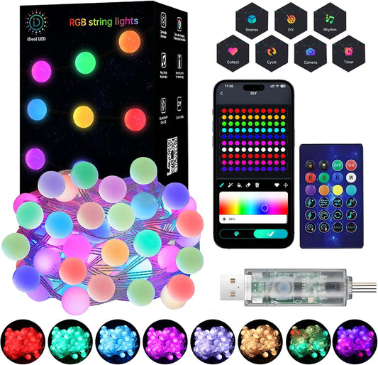 Super RGB Color Changing Globe String Lights - 33ft Smart Fairy Lights with App Control for Indoor/Outdoor Decor