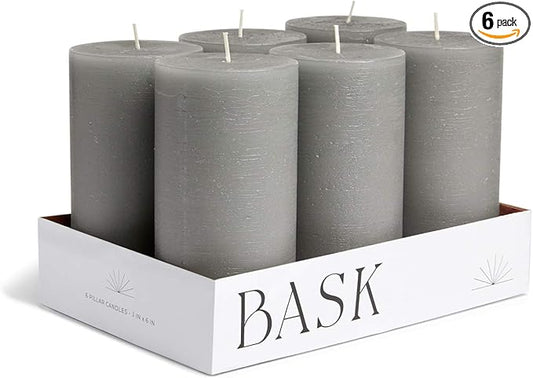 Mottled Pillar Candles by Bask - Set of 6-3" x 6" Dripless Unscented Candles in Grey for Home Decor, Relaxation & All Occasions