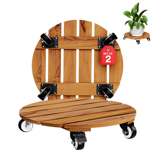 Idzo 2pack Wood Plant Caddy With Wheels Heavy Duty, 264 Lbs Capacity, 12 Inch Acacia Hardwood Plant Dolly, Plant Stand with 360° Lockable Wheels, Plant Caster for Heavy Objects Hauling - Natural Wood
