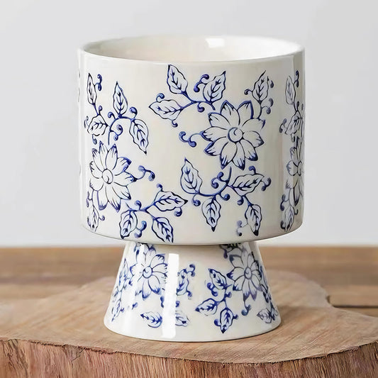 Blue and White Ceramic Flower Pot with Drainage Hole ，Elegant Succulent Plants and Orchid Planters, Home Decor Flowerpots with Tall Cup Shape Suitable for Tiger Tail Orchid and Floral Plants