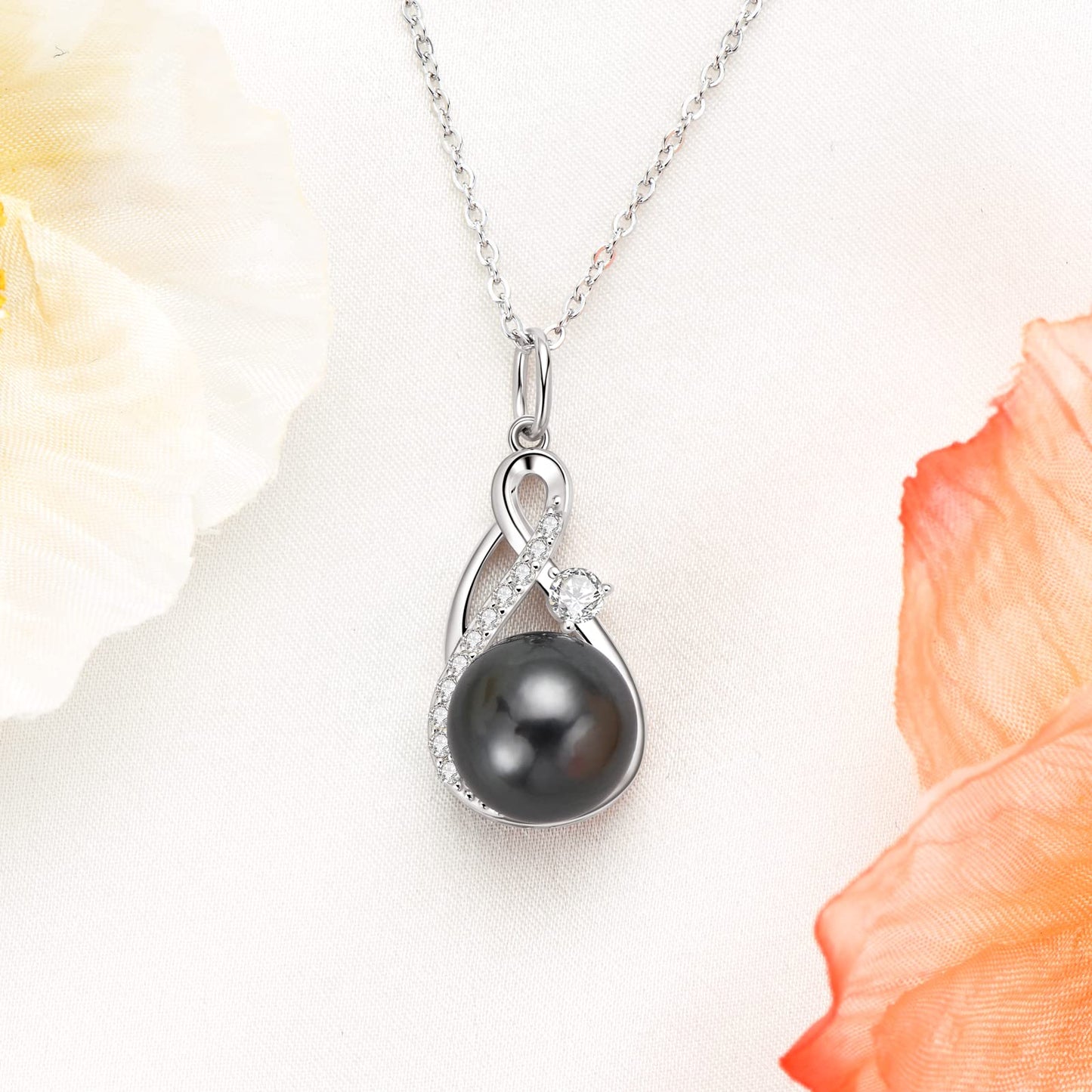 DENGGUANG Genuine Tahitian Black Pearl Necklace for Women, Sterling Silver Infinity Pearl Pendant Necklaces with Moissanite, Anniversary Birthday Mothers Day Jewelry Gifts for Mom Wife