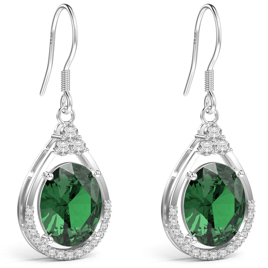 18K White Gold Plated Sterling Silver Oval Cut Cubic Zirconia Drop Dangle Earrings for Women Hypoallergenic Statement Earrings Gifts for Women Mom (Emerald)