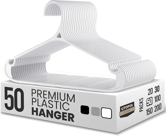 Utopia Home Plastic Hangers - Heavy Duty Non-Slip Hangers for Shirts & Pants | 50 Pack in White
