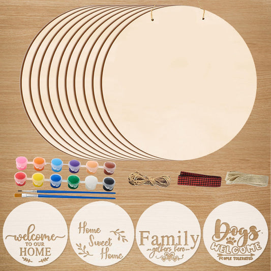 12 Inch Wood Circles for Crafts, 10Pcs Unfinished Wood Rounds with 4 Stencils & Painting, DIY Wooden Crafts for Door Hanger, Sign, Wood Burning, Painting, Gifts for Father's Day Home Decor