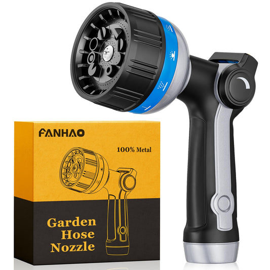 FANHAO Heavy Duty Garden Hose Nozzle, Metal Water Hose Sprayer with 10 Spray Patterns, Thumb Control, On Off Valve, High Pressure Water Nozzle for Plants Watering, Car and Pet Washing, Blue