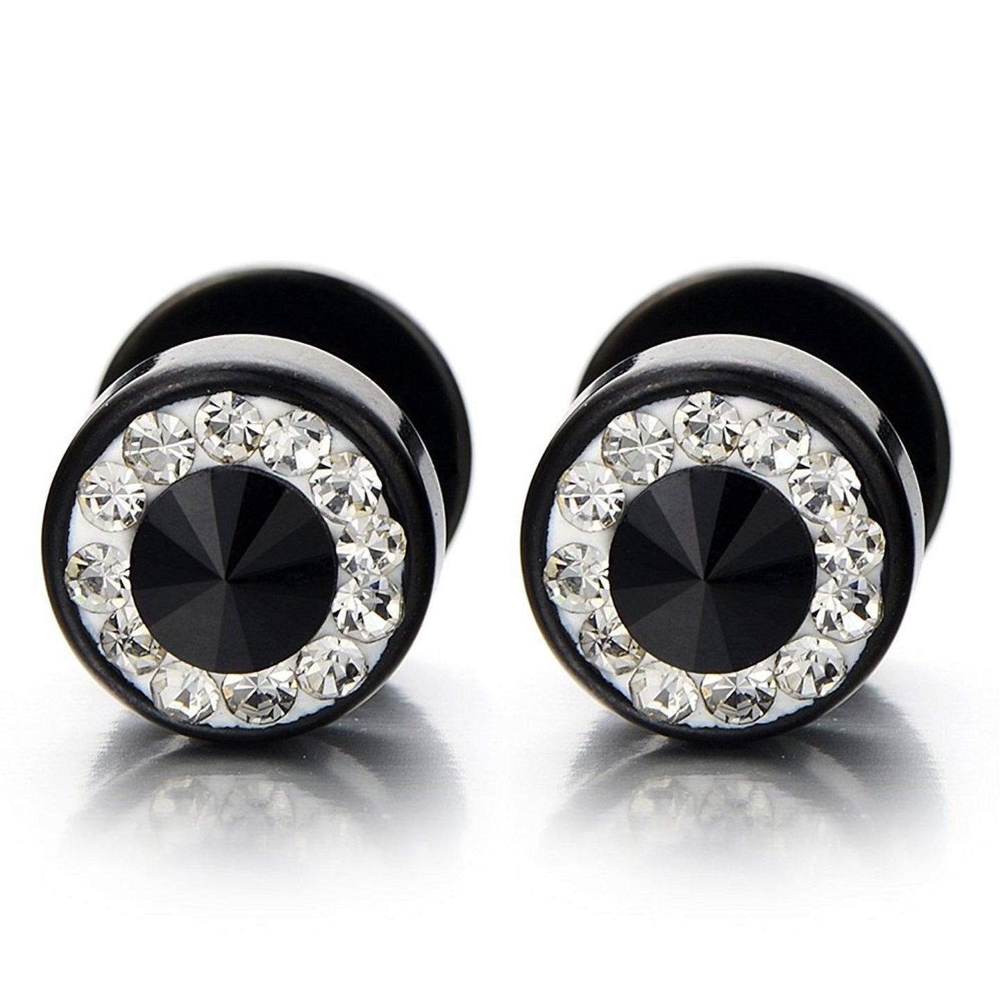 10mm Mens Black Stud Earrings Stainless Steel Illusion Tunnel Plug Screw Back with Cubic Zirconia, 2pcs