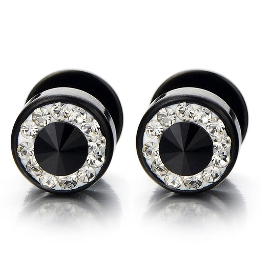 10mm Mens Black Stud Earrings Stainless Steel Illusion Tunnel Plug Screw Back with Cubic Zirconia, 2pcs