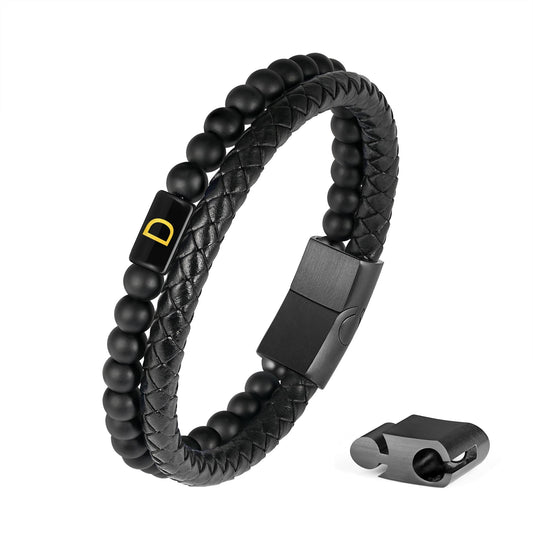 Bracelets for Men - Men Gifts Matte Agate Bead Magnetic Clasp Black Mens Leather Bracelet with Initial Black Mens Leather Bracelets Initial D Bracelet for Men's Jewelry Men's Gifts for Dad Husband Him