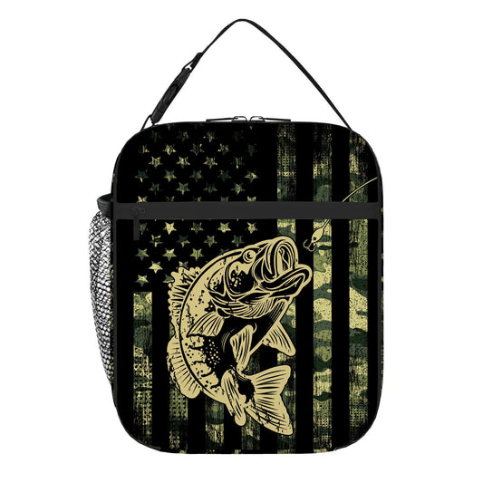 DOINBEE Camo Bass American Flag Lunch Box, Army Green Camouflage USA Flag Bass Fishing Bait Lunch Bag for Men Women Kids Boys Girls, Camo Fish Insulated Lunchbox Portable Thermal Cooler Tote Bag
