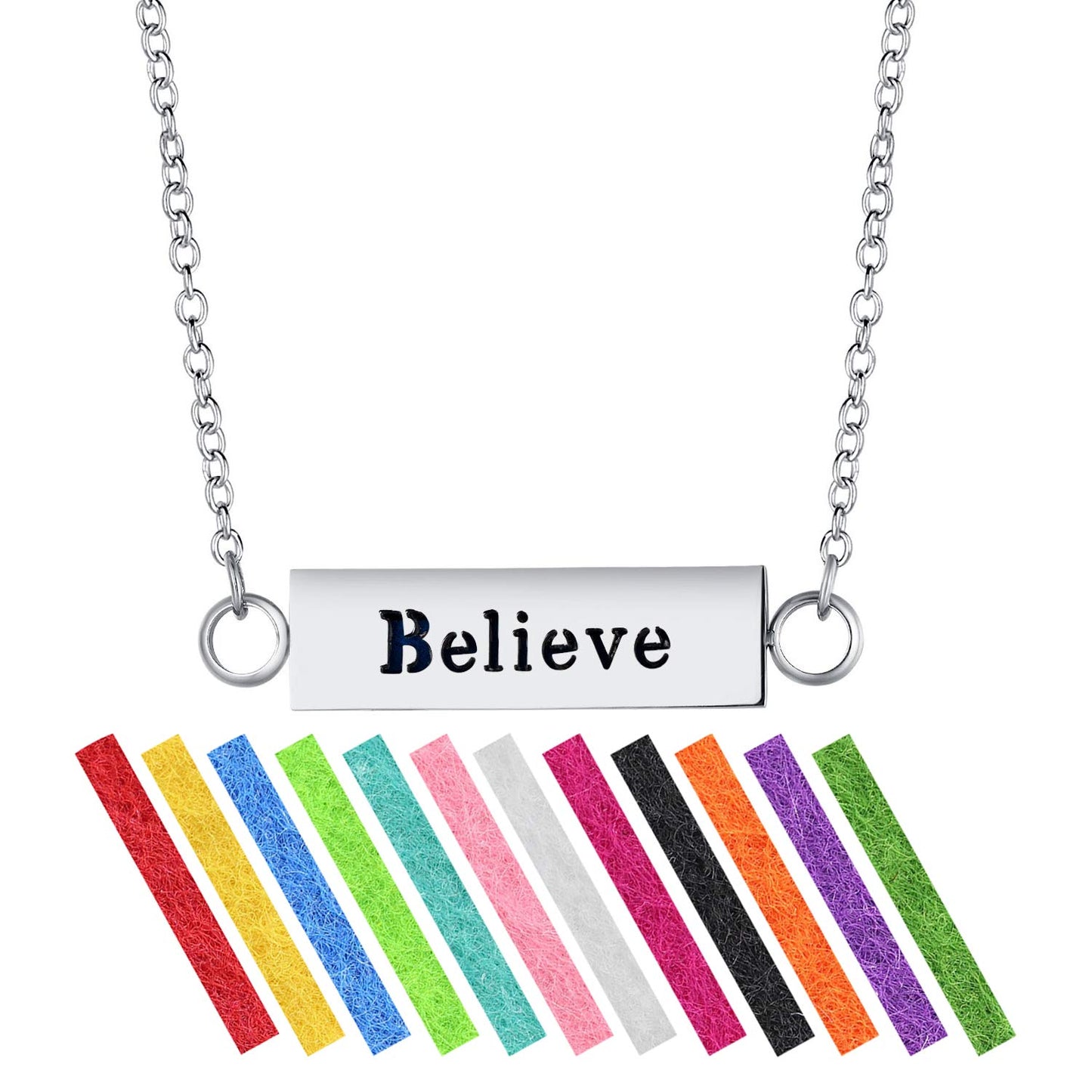 Wild Essentials "Believe" Essential Oil Diffuser Bar Necklace Gift Set - Includes Aromatherapy Pendant, 24" Stainless Steel Chain, 12 Color Refill Pads