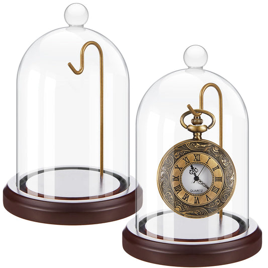 Beeveer 2 Pcs Clear Pocket Watch Glass Display with Hooks Dome Cloche with Wood Base Christmas Decorative Showcase for Watch Plants Medals Photos Collectibles(Reddish Brown,3" X 5",Heading Style)