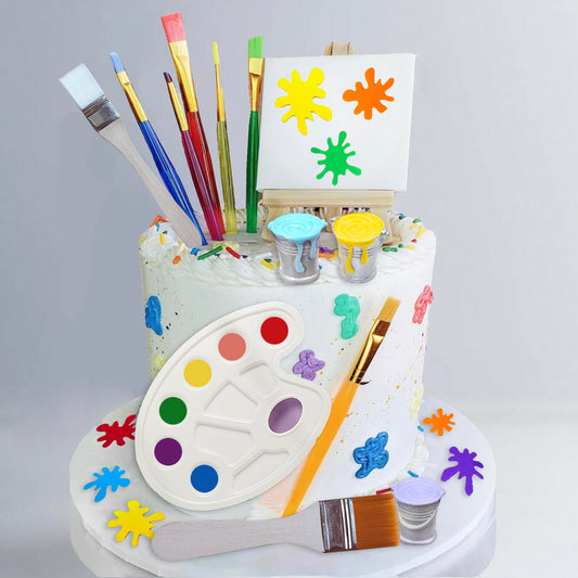 26 Pcs Art Cake Topper Paint Cake Decorations Painting Cake Toppers include Paint Pen Brush Painting Bucket Palette for Kids Birthday Baby Shower Art Themed Party Cake Decoration Supplies