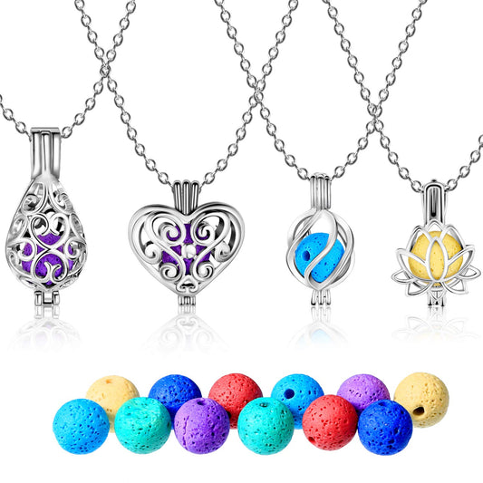 Blulu 4 Pcs Aromatherapy Essential Oil Diffuser Necklace for Women with 24 Pcs Refilled Scent Perfume Necklace Stainless Steel Locket Pendant Lava Stone Diffuser for Men Women Jewelry Birthday Gift