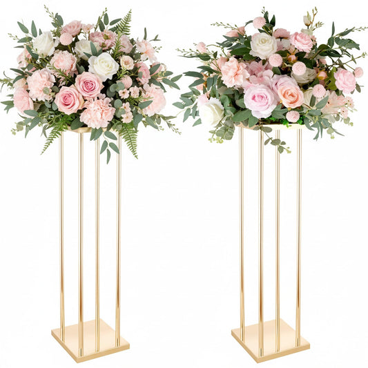 Geometric Gold Vases for Wedding Centerpieces - 31.5" Artificial Flower Display Stands, Set of 2 Elegant Flower Racks for Wedding Christmas Carnival Party Dinner Event Home Decor
