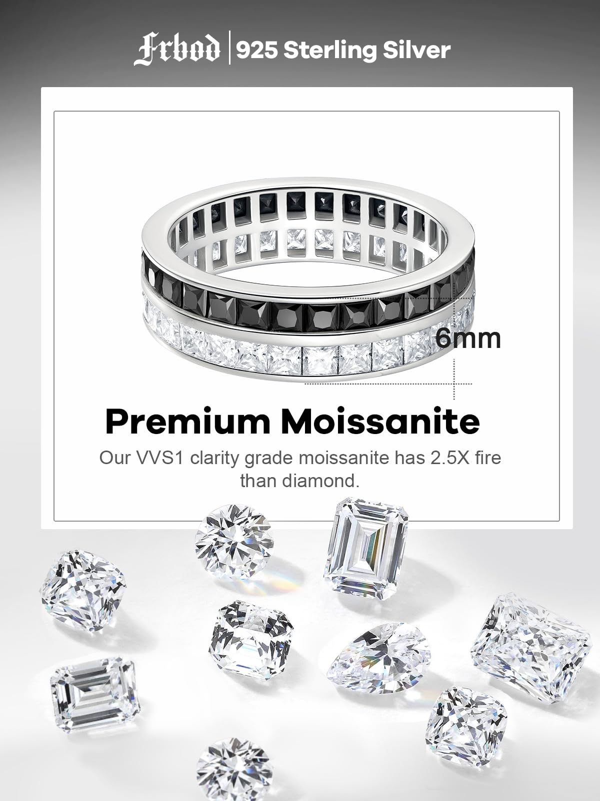 Frbod Moissanite Ring for Women Wide Shinning Diamond Jewelry Square 5 Carat Black Moissanite Rings Silver Bands Size 6