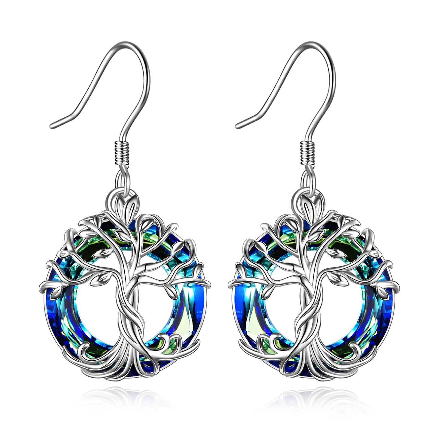 TOUPOP Tree of Life Earrings for Women Sterling Silver Family Tree Drop Dangle Earrings Blue Circle Crystal Jewelry Birthday Mothers Day Gifts for Women Mom Her