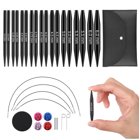 Guclud Interchangeable Circular Knitting Needle Set, 2-Inch Shorties Knitting Needles for Short Sock Knitting, Sizes US 2.5, 3, 4, 5, 6, 7, 8, 9, 10 with Small Cables, Accessories and Case, 9-Pairs