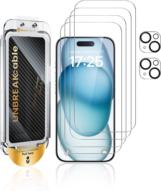 15 4+2 Pack [9H+ UNBREAKcable for iPhone Screen Protector Military-Grade Shatterproof] [Effortless Bubble-Free