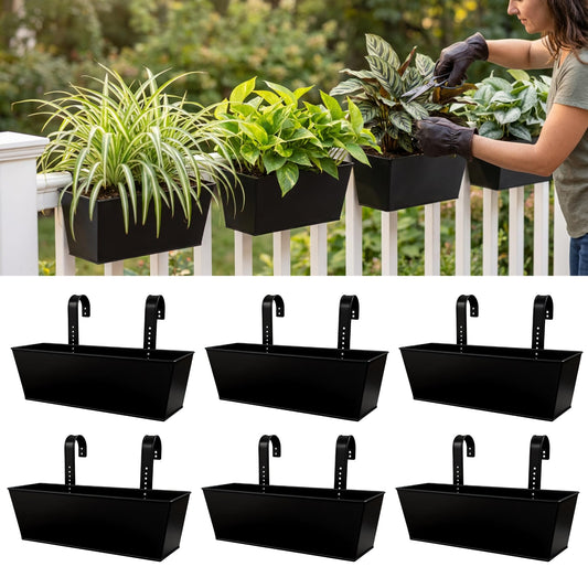 LaLaGreen Rail Planter (16 Inch, 6 Pack) Rectangular Metal Metal Hanging Flower Pots Railing Fence Balcony Gardening for Apartment Patio Planters Garden Style Iron Outdoor Deck Decoration Porch Decor