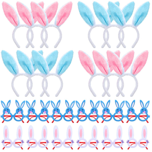 Seenelling 48 Pcs Easter Headbands and Glasses Set, Bunny Ears Bulk with Cute Bunny Glasses, Plush Spring Costume for Adults Easter Photo Props Party Favors