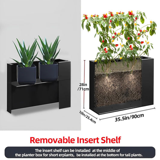 Megawodar Metal Tall Long Planter Box Large Rectangular Planter Flower Pot with Drainage Holes for Indoor Outdoor Deck Porch Garden Home Patio Front Door (Black, M)