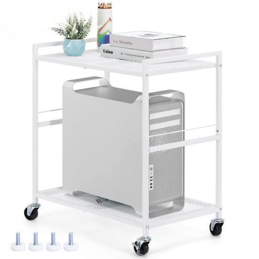 YBING Computer Tower Stand White PC Tower Stand 2 Tier CPU Holder with Wheels Metal Mobile Computer Tower Cart Rolling PC Cart Floor for Fax Home Office