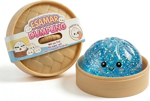 Dumpling Squeeze Toy - Glittery Stress Relief Ball with Steamer Box | Soft Sensory Gift for Kids & Adults (A-Blue)