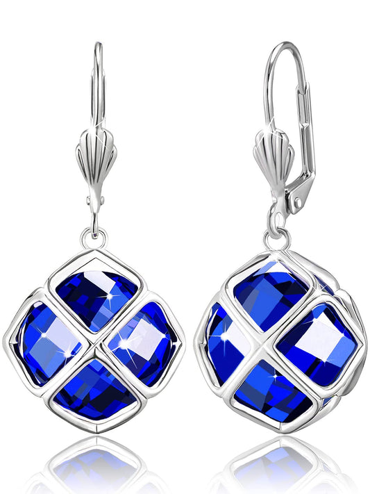 Big Dark Blue Crystal Dangle Earrings for Women (Sept-Sapphire-White Gold)