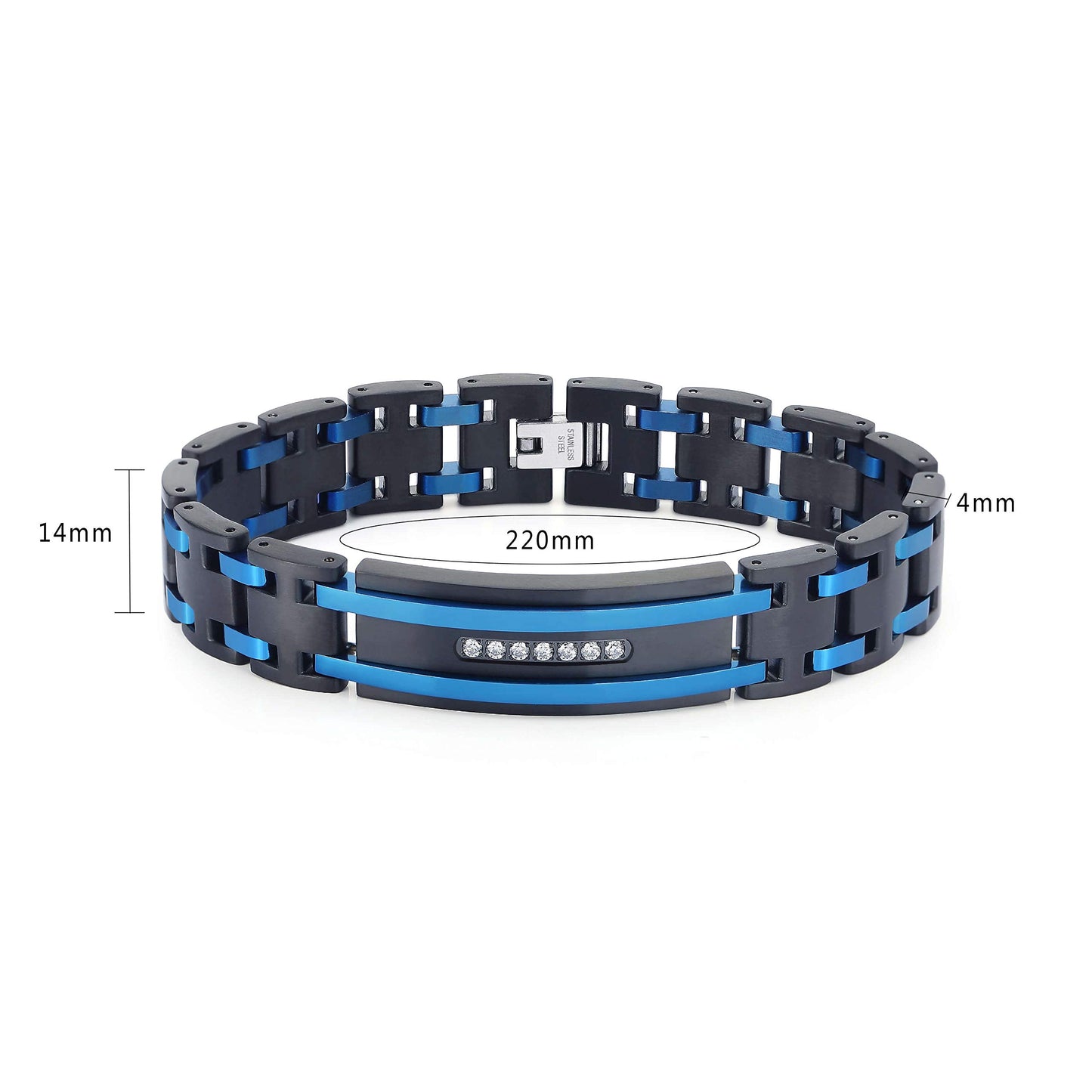 Zillaly Men's Stainless Steel Two-Tone Square Link diamond Bracelet in Black & Blue Ion-Plated Black (Black & Blue & Diamond)