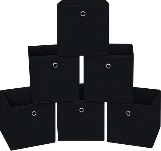 Skiennix Black Foldable Storage Cubes - 11 Inch Fabric Organizer Bins with Handles | Set of 6