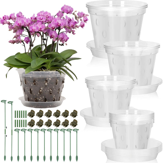 12 Orchid Pots with Holes and Saucers for Repotting, 4" 5" 5.6" 6" Clear Orchid Pot with Green Orchid Stick Clip, Breathable Slotted Plastic Orchid Planter with Drainage for Root Health Indoor Outdoor