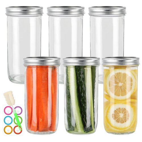 24 oz Wide Mouth Mason Jars 6 Pack, Glass Canning Jars with Airtight Lids, Leakproof Reusable Storage Containers for Pickling, Jam, Honey, Sauces, DIY Projects, Great Value Set with Secure Packaging