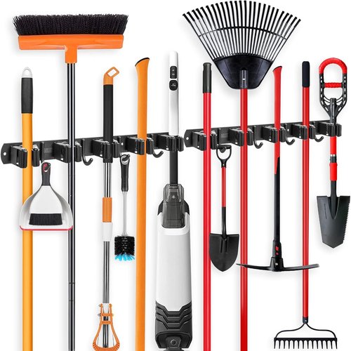 IMILLET Wall Mounted Broom and Mop Holder - Heavy Duty Stainless Steel Organizer | 2 Pack with 5 Racks & 4 Hooks