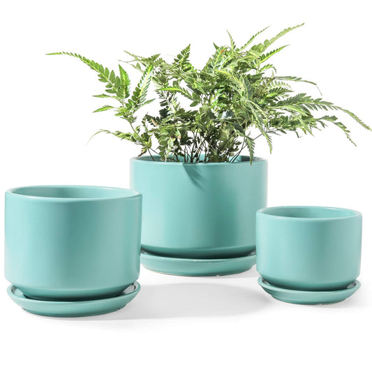LE TAUCI Ceramic Plant Pots, 4.3+5.3+6.8 inch, Set of 3, Planters with Drainage Hole and Saucer, Indoor Flower Pot with Hole Mesh Pad, Gifts for Mom, Aqua