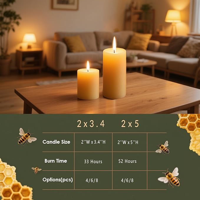 2x5 Inch Beeswax Candles, 4 Packs, 100% Natural Beeswax Pillar Candles, 52 Hours Burn Time, Pure Emergency Candle Long Burning for Home Decor, Gift Sending, Smokeless & Dripless