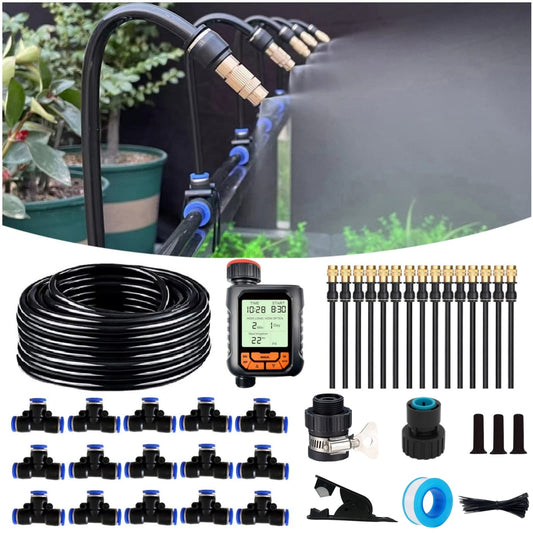 66FT Drip Irrigation Kit, Automatic Garden Watering System with Tool-Free Quick Connectors, 360° Bending Droppers & Copper Misting Nozzles for Greenhouse, Patio, Lawn & Vegetable Garden. (20M)