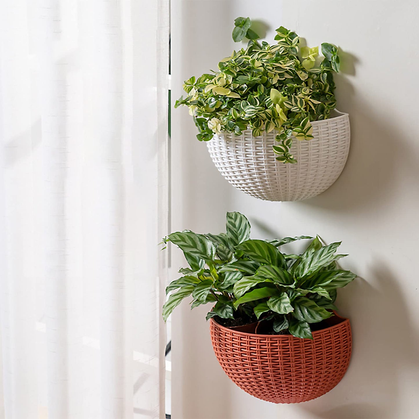 Hanging Planter Pot, Wall and Railing Hanging Planters with S Hooks, Half Round Imitation Rattan European Style Wall Flowerpot Rustic Decorative Flower Basket for Home(#2pcs 21 * 16.5cm Dark Green)