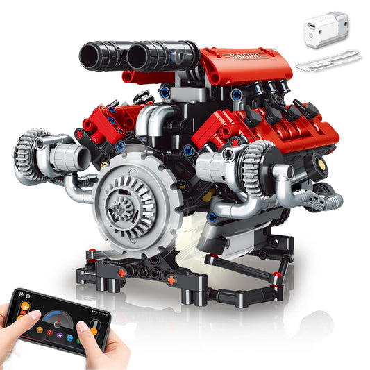 OWNONE 1 V8 Engine Model Kit that Work - 8-Cylinder Visible Engine Building Blocks Set with Motor, LED Light & APP Control - Build Your Own Engineering Kit, STEM Project for Adults & Kids (660 PCS)
