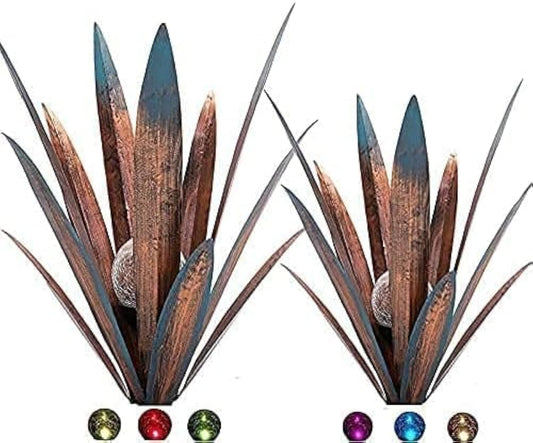 Muciwa 2 PCS Metal Agave Sculpture Decoration, Vintage Country Hand-Painted Sculpture DIY Metal Agave Plant, Home Garden Courtyard Lawn Outdoor Decoration (2PCS-LED)