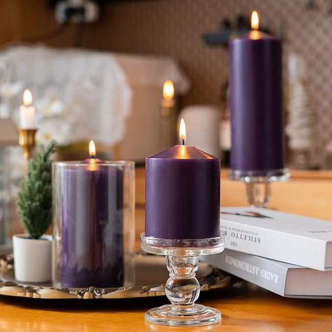 MOZEAL 3" x 8" Hand-Poured Unscented Candles,Large Dark Purple Pillar Candles Set of 2,No Drip,Approx 120 Hours Long Burning,Wedding,Dinner,Christmas and Home Decor（3 Inch Diameter 8 Inch Height）
