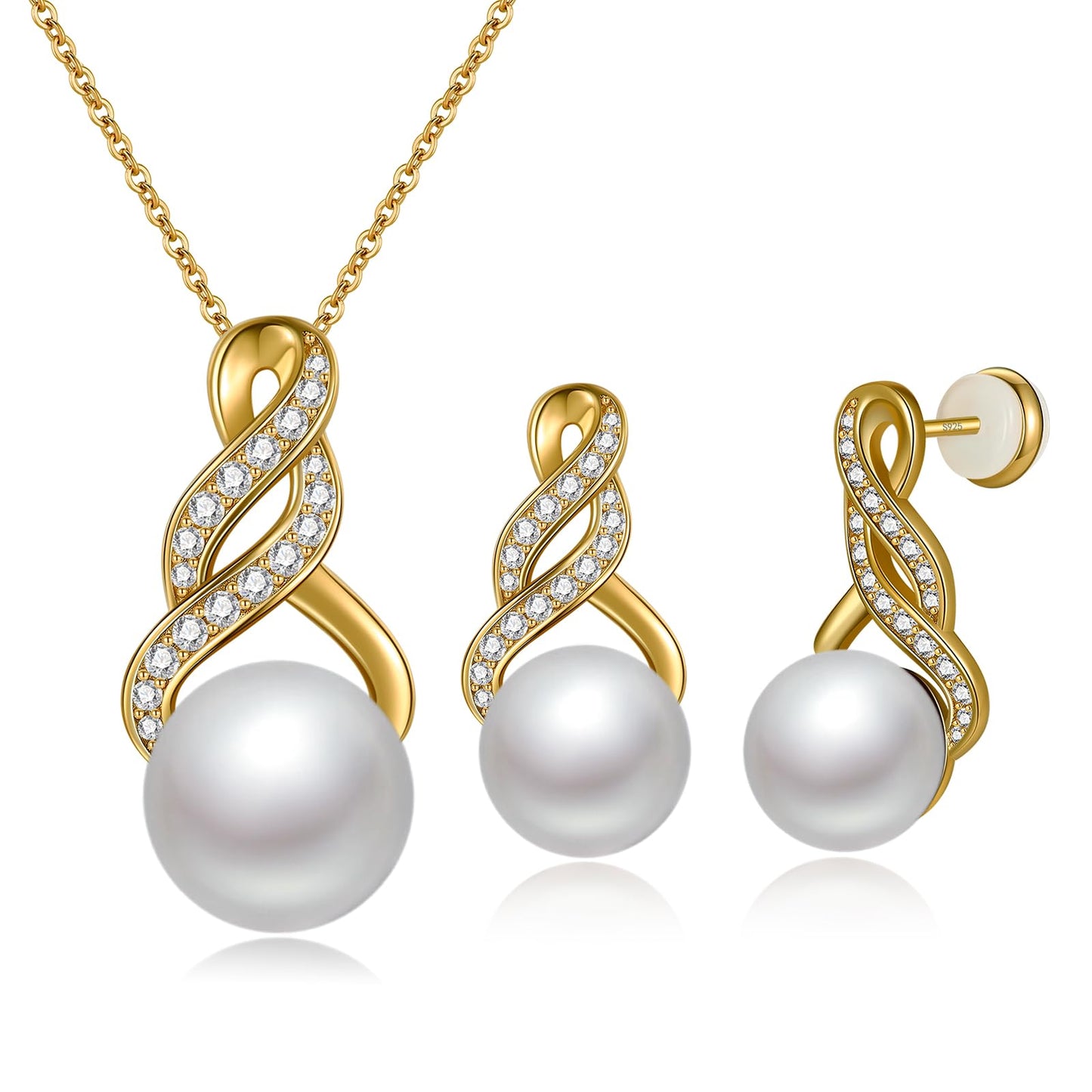 LOIPURI Pearl Necklace and Earring Set for Women - 925 Sterling Silver Pearl Jewelry Set Rhodium/Gold Plated Anniversary Birthday Gifts for Her Packaged in Preserved Rose Box