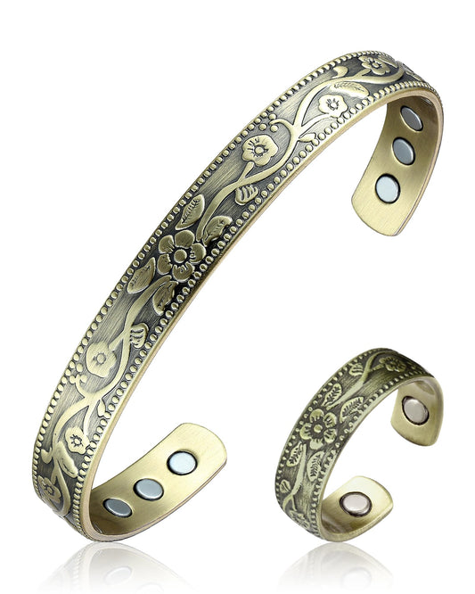 BioMag Copper Bracelet & Ring for Women, 99.99% Pure Copper Magnetic Bracelet Lymphatic Drainage Rings with 3500 Gauss Magnets, Adjustable & Flower Pattern (Antique Bronze Tone)