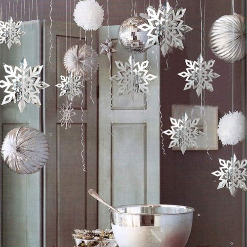 24Pcs Snowflake Christmas Decor - 12 Silver & 12 White 3D Paper Hanging Snowflakes for Holiday Parties