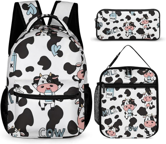 100% BLUE COLLAR Backpack Set Daypack Set Backpack Laptop Milk Cow Print Bookbag with Lunch Bag & Storage Bag