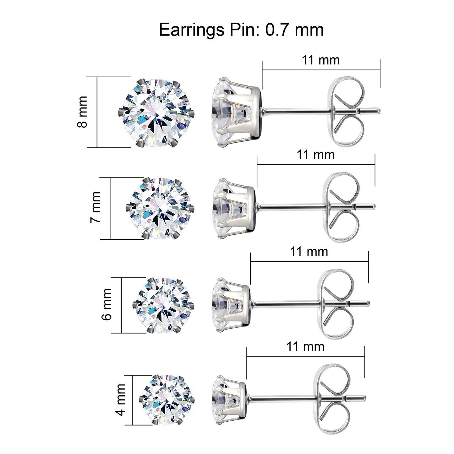 JewelrieShop Earrings for Women Studs Set Stainless Steel CZ Earing Hypoallergenic Multiple Piercing Ear Stud (8 pairs,4-8mm,White,Green CZ)