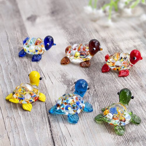 H&D Hyaline & Dora Mini Sea Turtle Glass Figurines - Handmade Set of 6 Colorful Ocean Decor