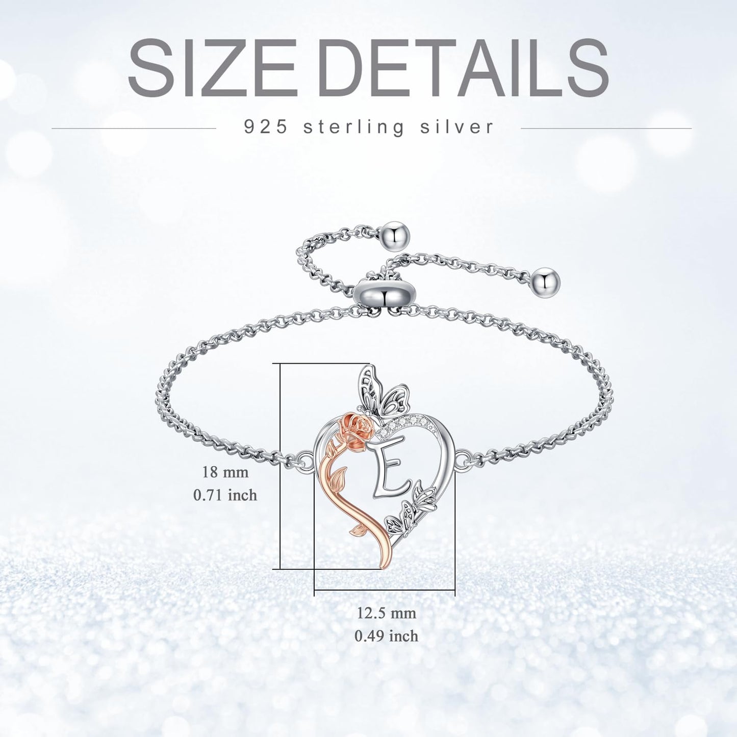 TOUPOP Rose Heart Bracelet for Women Sterling Silver Heart Initial E Letter Bracelet Butterfly Love Jewelry Anniversary Birthday Mothers Day Gifts for Mom Wife Her Girlfriend
