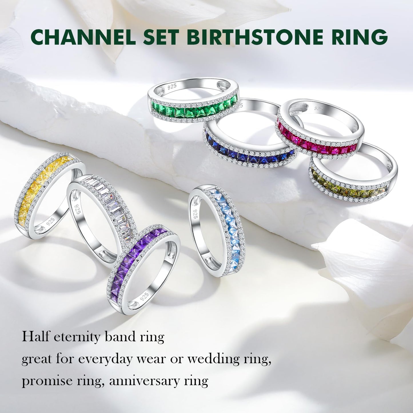 RANDES 925 Sterling Silver Peridot Ring Half Eternity Band Rings for Women Channel Set Princess Cut August Birthstone Ring Size 9