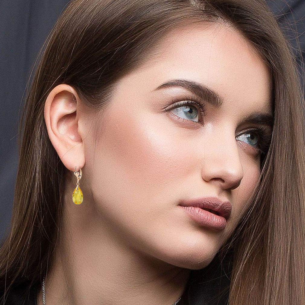 Austrian Crystal Teardrop Leverback Dangle Earrings for Women Fashion 14K Gold Plated Hypoallergenic Jewelry (Yellow)