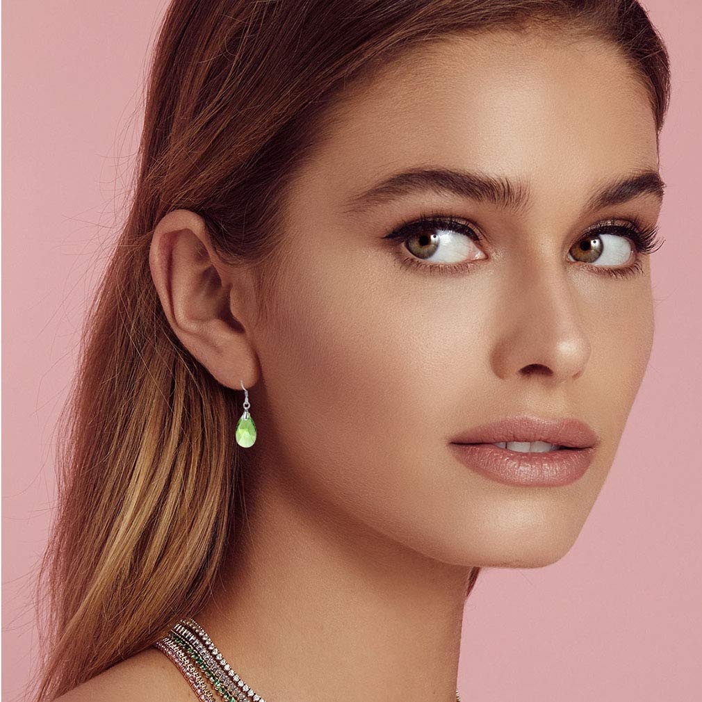 Teardrop Austrian Crystal Drop Dangle Earrings for Women 925 Sterling Silver Hook Hypoallergenic Earring (Green)